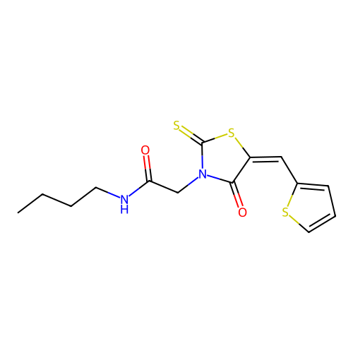 (E)-N-butyl-2-(4-oxo-5-(thiophen-2-ylmethylene)-2-thioxothiazolidin-3-yl)acetamide structure