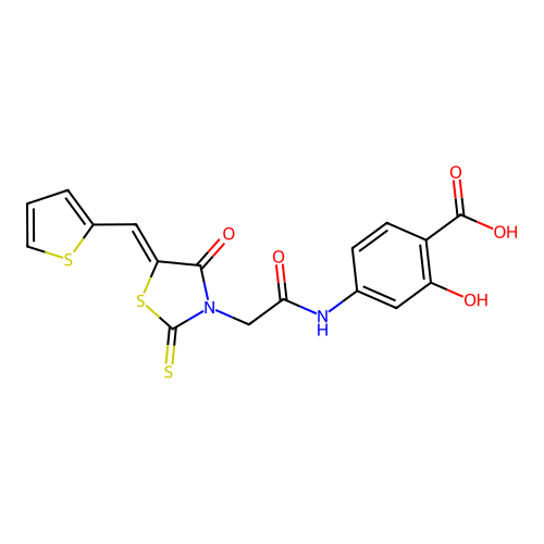 (Z)-2-hydroxy-4-(2-(4-oxo-5-(thiophen-2-ylmethylene)-2-thioxothiazolidin-3-yl)acetamido)benzoic acid structure