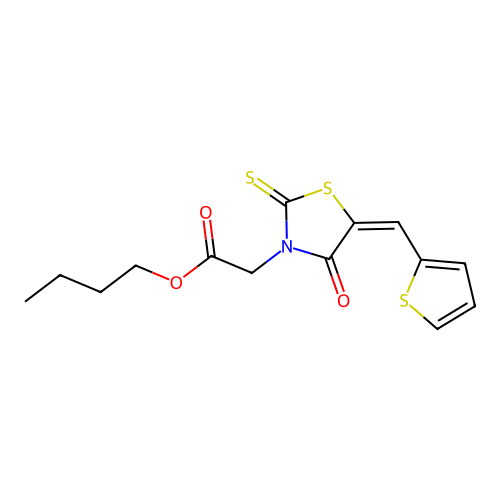 (E)-butyl 2-(4-oxo-5-(thiophen-2-ylmethylene)-2-thioxothiazolidin-3-yl)acetate structure
