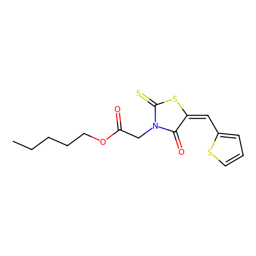(E)-pentyl 2-(4-oxo-5-(thiophen-2-ylmethylene)-2-thioxothiazolidin-3-yl)acetate structure
