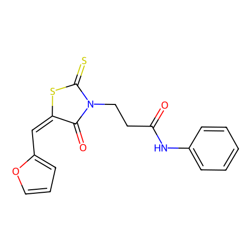 (E)-3-(5-(furan-2-ylmethylene)-4-oxo-2-thioxothiazolidin-3-yl)-N-phenylpropanamide structure