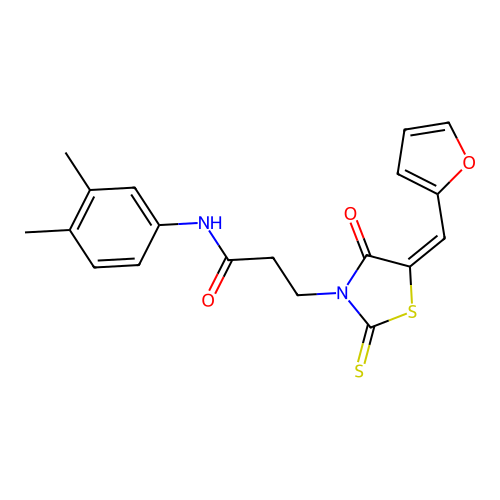 (E)-N-(3,4-dimethylphenyl)-3-(5-(furan-2-ylmethylene)-4-oxo-2-thioxothiazolidin-3-yl)propanamide structure