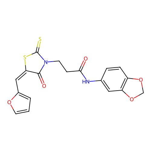 (E)-N-(benzo[d][1,3]dioxol-5-yl)-3-(5-(furan-2-ylmethylene)-4-oxo-2-thioxothiazolidin-3-yl)propanamide structure