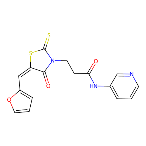(E)-3-(5-(furan-2-ylmethylene)-4-oxo-2-thioxothiazolidin-3-yl)-N-(pyridin-3-yl)propanamide structure