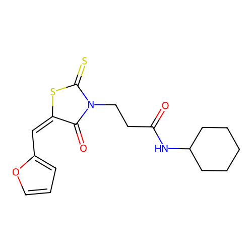 (E)-N-cyclohexyl-3-(5-(furan-2-ylmethylene)-4-oxo-2-thioxothiazolidin-3-yl)propanamide structure