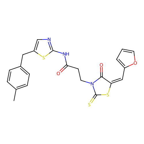 (E)-3-(5-(furan-2-ylmethylene)-4-oxo-2-thioxothiazolidin-3-yl)-N-(5-(4-methylbenzyl)thiazol-2-yl)propanamide structure