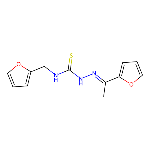 (E)-2-(1-(furan-2-yl)ethylidene)-N-(furan-2-ylmethyl)hydrazinecarbothioamide structure