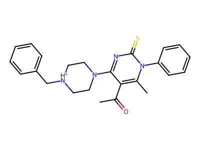 1-[4-(4-benzylpiperazin-4-ium-1-yl)-6-methyl-1-phenyl-2-sulfanylidenepyrimidin-5-yl]ethanone structure