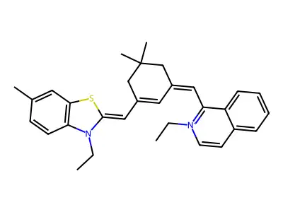3-ethyl-2-[[3-[(2-ethylisoquinolin-2-ium-1-yl)methylidene]-5,5-dimethylcyclohexen-1-yl]methylidene]-6-methyl-1,3-benzothiazole structure