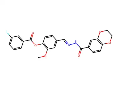 [4-[(2,3-dihydro-1,4-benzodioxine-6-carbonylhydrazinylidene)methyl]-2-methoxyphenyl] 3-fluorobenzoate structure