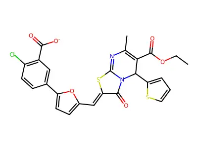 2-Chloro-5-(5-{[6-(ethoxycarbonyl)-7-methyl-3-oxo-5-(thiophen-2-yl)-5H-[1,3]thiazolo[3,2-a]pyrimidin-2(3H)-ylidene]methyl}furan-2-yl)benzoate structure