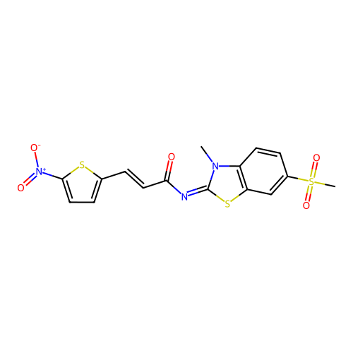 (2E,NZ)-N-(3-methyl-6-(methylsulfonyl)benzo[d]thiazol-2(3H)-ylidene)-3-(5-nitrothiophen-2-yl)acrylamide structure