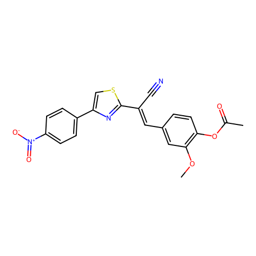 (E)-4-(2-cyano-2-(4-(4-nitrophenyl)thiazol-2-yl)vinyl)-2-methoxyphenyl acetate structure