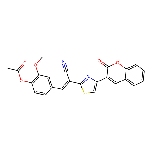 (E)-4-(2-cyano-2-(4-(2-oxo-2H-chromen-3-yl)thiazol-2-yl)vinyl)-2-methoxyphenyl acetate structure