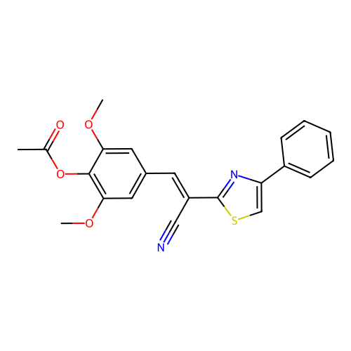 (E)-4-(2-cyano-2-(4-phenylthiazol-2-yl)vinyl)-2,6-dimethoxyphenyl acetate structure
