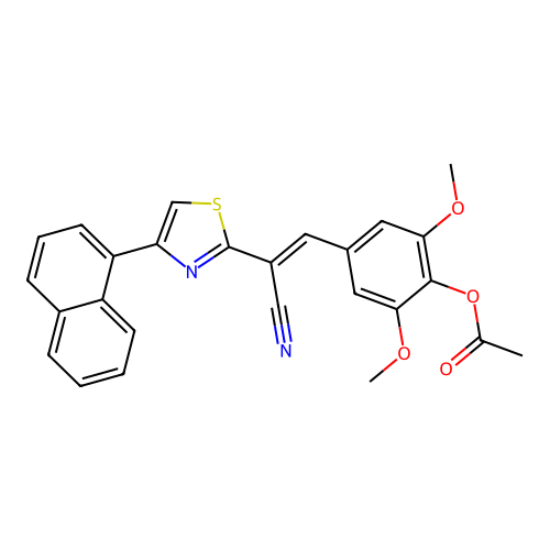 (E)-4-(2-cyano-2-(4-(naphthalen-1-yl)thiazol-2-yl)vinyl)-2,6-dimethoxyphenyl acetate structure