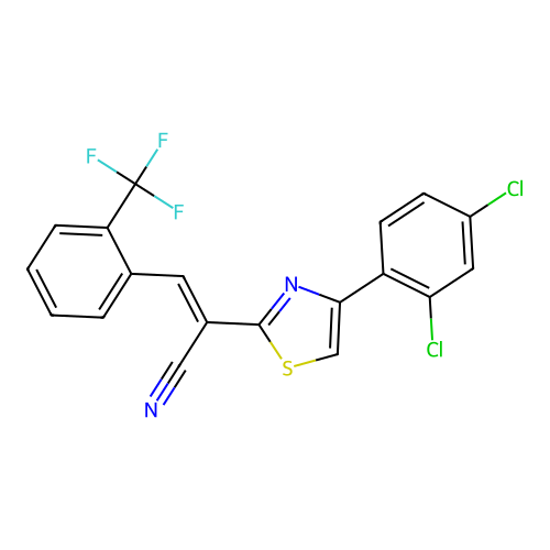 (E)-2-(4-(2,4-dichlorophenyl)thiazol-2-yl)-3-(2-(trifluoromethyl)phenyl)acrylonitrile structure