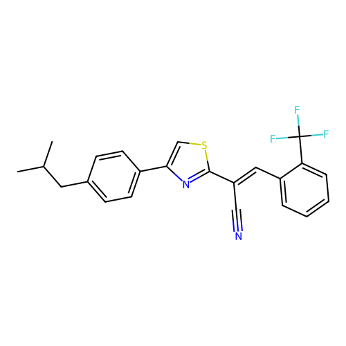 (E)-2-(4-(4-isobutylphenyl)thiazol-2-yl)-3-(2-(trifluoromethyl)phenyl)acrylonitrile structure