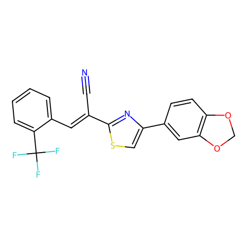 (2E)-2-[4-(1,3-benzodioxol-5-yl)-1,3-thiazol-2-yl]-3-[2-(trifluoromethyl)phenyl]prop-2-enenitrile structure