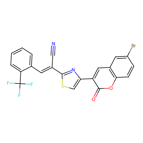 (2E)-2-[4-(6-bromo-2-oxo-2H-chromen-3-yl)-1,3-thiazol-2-yl]-3-[2-(trifluoromethyl)phenyl]prop-2-enenitrile structure