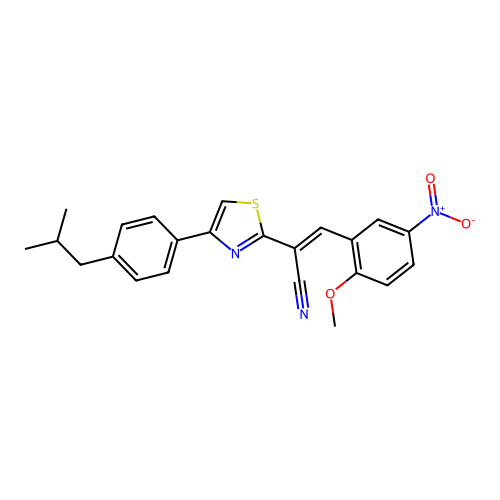 (E)-2-(4-(4-isobutylphenyl)thiazol-2-yl)-3-(2-methoxy-5-nitrophenyl)acrylonitrile structure