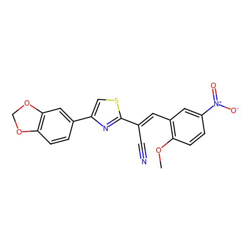 (E)-2-(4-(benzo[d][1,3]dioxol-5-yl)thiazol-2-yl)-3-(2-methoxy-5-nitrophenyl)acrylonitrile structure