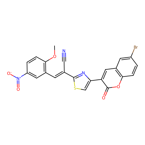 (2E)-2-[4-(6-bromo-2-oxo-2H-chromen-3-yl)-1,3-thiazol-2-yl]-3-(2-methoxy-5-nitrophenyl)prop-2-enenitrile structure