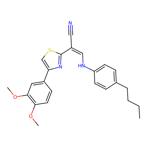 (Z)-3-((4-butylphenyl)amino)-2-(4-(3,4-dimethoxyphenyl)thiazol-2-yl)acrylonitrile structure