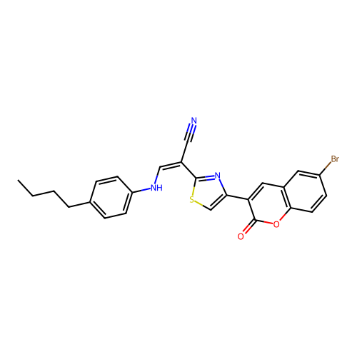 (2Z)-2-[4-(6-bromo-2-oxo-2H-chromen-3-yl)-1,3-thiazol-2-yl]-3-[(4-butylphenyl)amino]prop-2-enenitrile structure