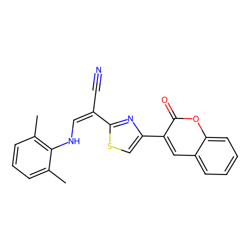(2Z)-3-[(2,6-dimethylphenyl)amino]-2-[4-(2-oxo-2H-chromen-3-yl)-1,3-thiazol-2-yl]prop-2-enenitrile structure