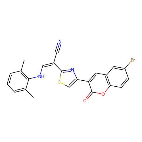 (2Z)-2-[4-(6-bromo-2-oxo-2H-chromen-3-yl)-1,3-thiazol-2-yl]-3-[(2,6-dimethylphenyl)amino]prop-2-enenitrile structure