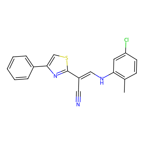 (E)-3-((5-chloro-2-methylphenyl)amino)-2-(4-phenylthiazol-2-yl)acrylonitrile structure