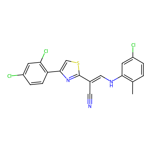 (2E)-3-[(5-chloro-2-methylphenyl)amino]-2-[4-(2,4-dichlorophenyl)-1,3-thiazol-2-yl]prop-2-enenitrile structure