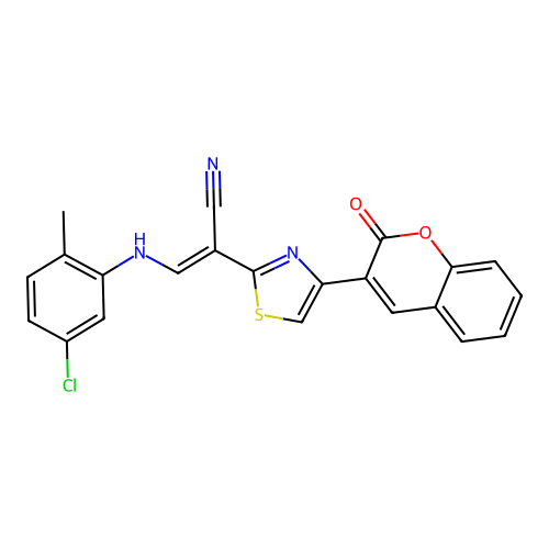 (2E)-3-[(5-chloro-2-methylphenyl)amino]-2-[4-(2-oxo-2H-chromen-3-yl)-1,3-thiazol-2-yl]prop-2-enenitrile structure