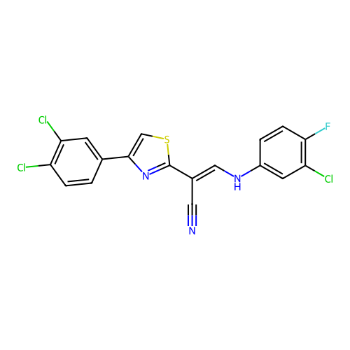(2E)-3-[(3-chloro-4-fluorophenyl)amino]-2-[4-(3,4-dichlorophenyl)-1,3-thiazol-2-yl]prop-2-enenitrile structure