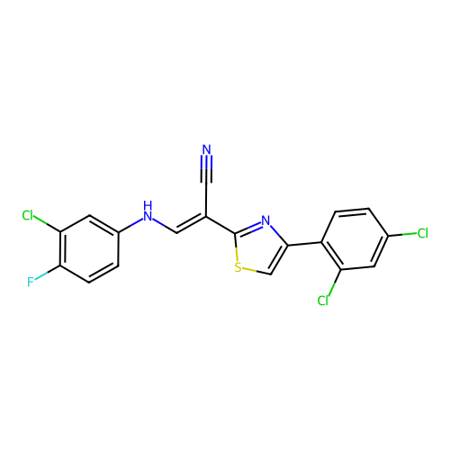 (2E)-3-[(3-chloro-4-fluorophenyl)amino]-2-[4-(2,4-dichlorophenyl)-1,3-thiazol-2-yl]prop-2-enenitrile structure