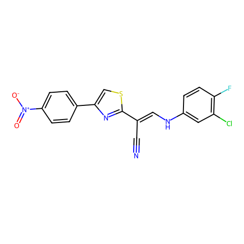 (E)-3-((3-chloro-4-fluorophenyl)amino)-2-(4-(4-nitrophenyl)thiazol-2-yl)acrylonitrile structure