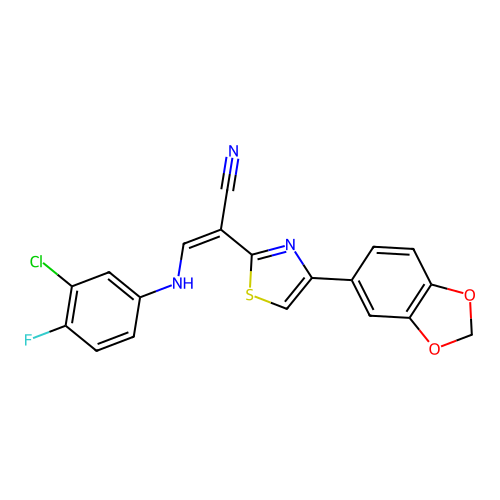 (2Z)-2-[4-(1,3-benzodioxol-5-yl)-1,3-thiazol-2-yl]-3-[(3-chloro-4-fluorophenyl)amino]prop-2-enenitrile structure
