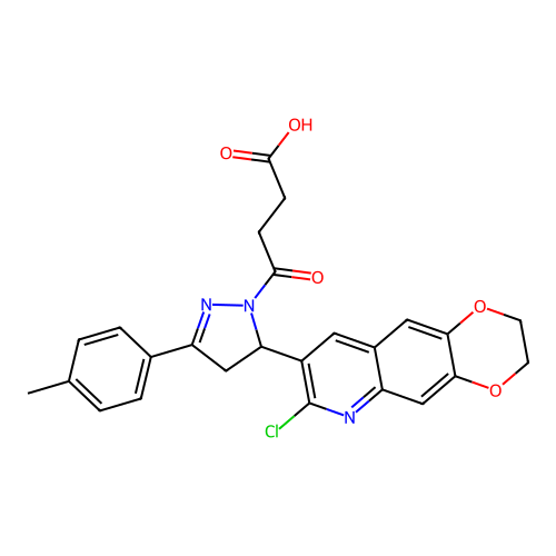 4-(5-(7-chloro-2,3-dihydro-[1,4]dioxino[2,3-g]quinolin-8-yl)-3-(p-tolyl)-4,5-dihydro-1H-pyrazol-1-yl)-4-oxobutanoic acid structure