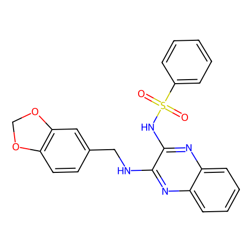 N-{3-[(1,3-benzodioxol-5-ylmethyl)amino]quinoxalin-2-yl}benzenesulfonamide structure