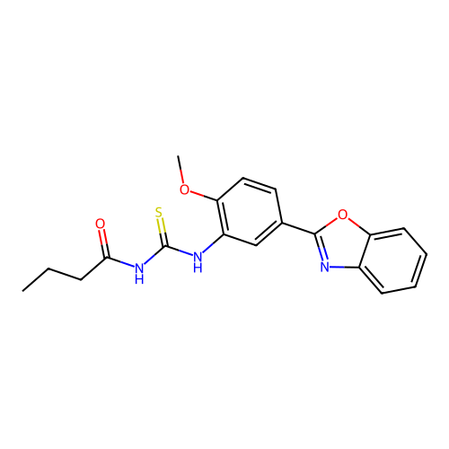 N-{[5-(1,3-benzoxazol-2-yl)-2-methoxyphenyl]carbamothioyl}butanamide structure