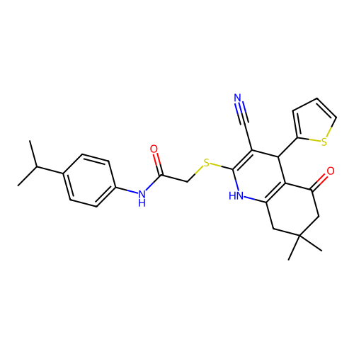 2-{[3-cyano-7,7-dimethyl-5-oxo-4-(thiophen-2-yl)-1,4,5,6,7,8-hexahydroquinolin-2-yl]sulfanyl}-N-[4-(propan-2-yl)phenyl]acetamide structure