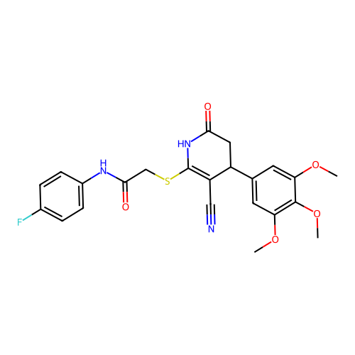2-{[3-cyano-6-oxo-4-(3,4,5-trimethoxyphenyl)-1,4,5,6-tetrahydropyridin-2-yl]sulfanyl}-N-(4-fluorophenyl)acetamide structure
