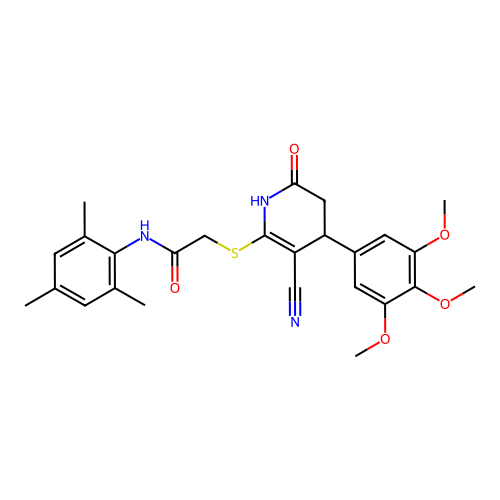 2-{[3-cyano-6-oxo-4-(3,4,5-trimethoxyphenyl)-1,4,5,6-tetrahydropyridin-2-yl]sulfanyl}-N-(2,4,6-trimethylphenyl)acetamide structure