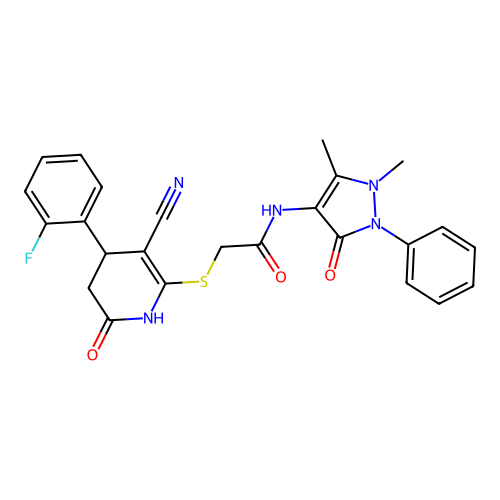 2-{[3-cyano-4-(2-fluorophenyl)-6-oxo-1,4,5,6-tetrahydropyridin-2-yl]sulfanyl}-N-(1,5-dimethyl-3-oxo-2-phenyl-2,3-dihydro-1H-pyrazol-4-yl)acetamide structure