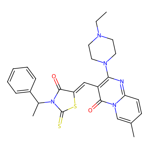 2-(4-ethylpiperazin-1-yl)-7-methyl-3-{(Z)-[4-oxo-3-(1-phenylethyl)-2-thioxo-1,3-thiazolidin-5-ylidene]methyl}-4H-pyrido[1,2-a]pyrimidin-4-one structure