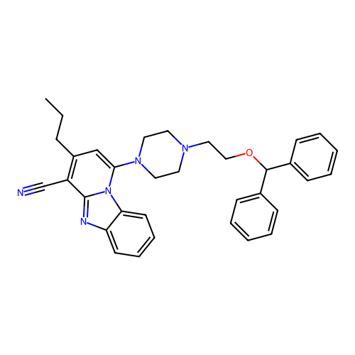 1-(4-(2-(benzhydryloxy)ethyl)piperazin-1-yl)-3-propylbenzo[4,5]imidazo[1,2-a]pyridine-4-carbonitrile structure
