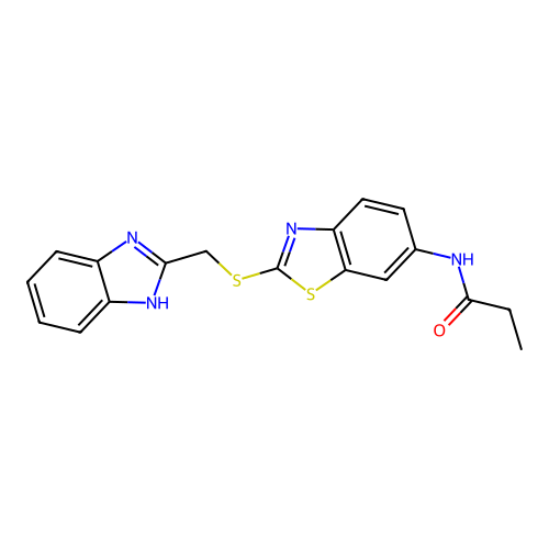 N-(2-(((1H-benzo[d]imidazol-2-yl)methyl)thio)benzo[d]thiazol-6-yl)propionamide structure
