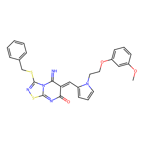 (6Z)-3-(benzylsulfanyl)-5-imino-6-({1-[2-(3-methoxyphenoxy)ethyl]-1H-pyrrol-2-yl}methylidene)-5,6-dihydro-7H-[1,2,4]thiadiazolo[4,5-a]pyrimidin-7-one structure