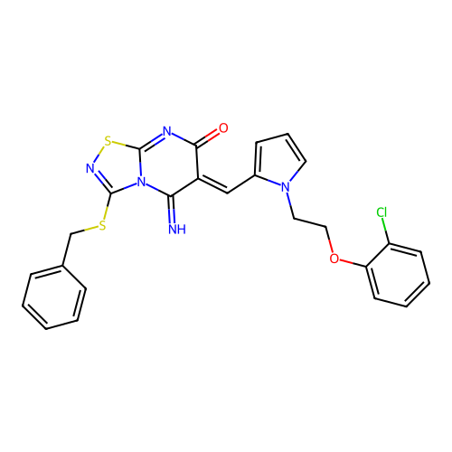(6Z)-3-(benzylsulfanyl)-6-({1-[2-(2-chlorophenoxy)ethyl]-1H-pyrrol-2-yl}methylidene)-5-imino-5,6-dihydro-7H-[1,2,4]thiadiazolo[4,5-a]pyrimidin-7-one structure